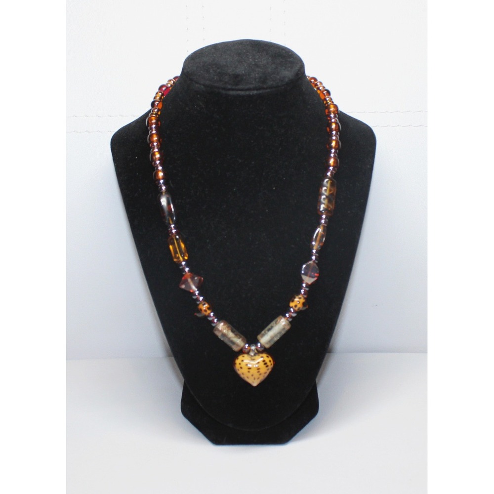handcrafted beaded heart pendant necklace 20" brown amber glass leopard print